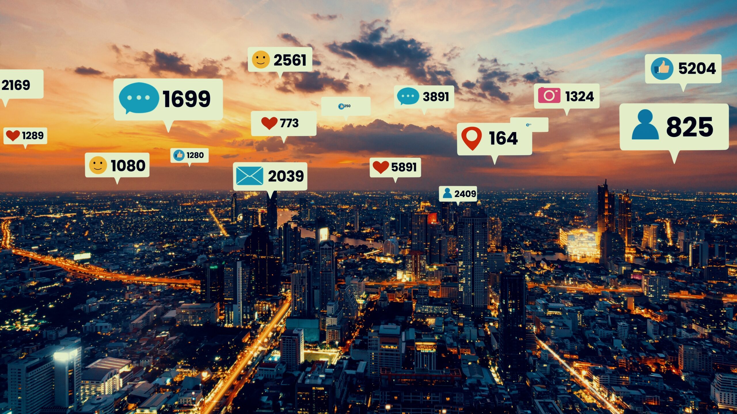 An Image Of A City Skyline With Social Message Bubbles Thought Out The City.  
