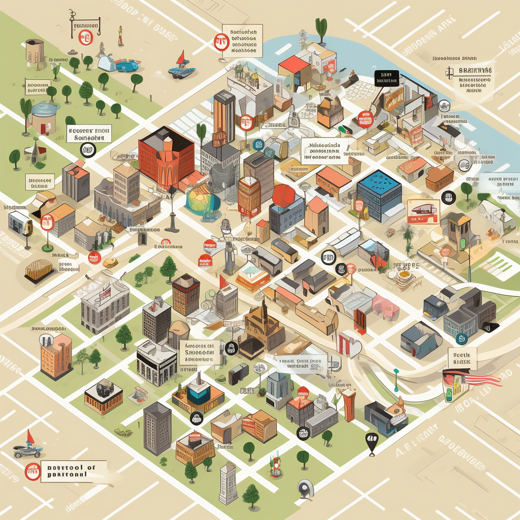 A Graphic Map Of A City With Businesses And High Rise Buildings