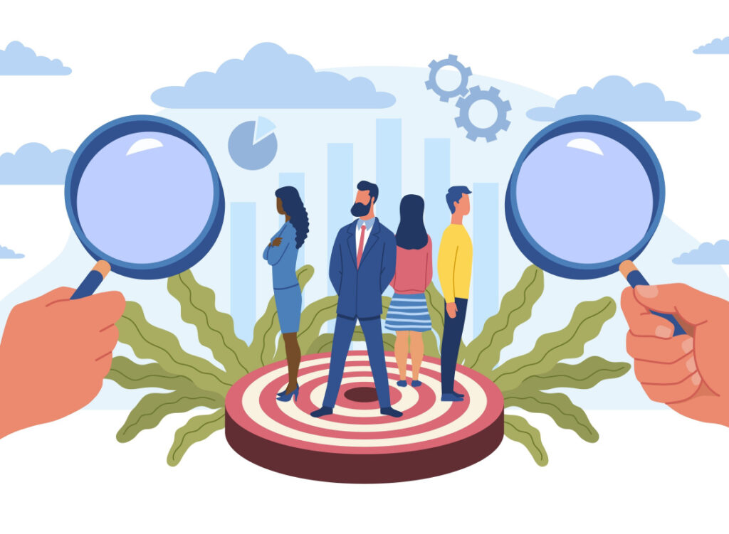 A Graphic Of A Magnifying Glass Over People Who All Relate To Each Other And Have Been Targeted. The People In The Graphic Are Standing On A Target Symbol