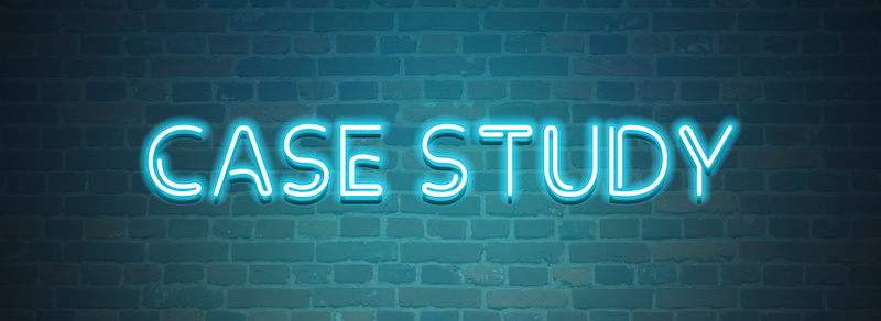 Light up 3d sign that says case study in neon blue