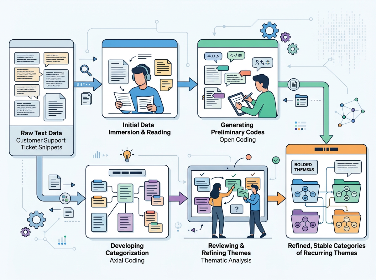 A Flow Diagram Illustrating The Process Of Qualitative Coding And Thematic Analysis, Starting With Raw Text Data (Like Suppor